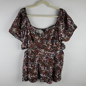 Torrid Women's 1X Side Cutout Babydoll Top Dark Ditzy Floral‎ Flutter Sleeve New